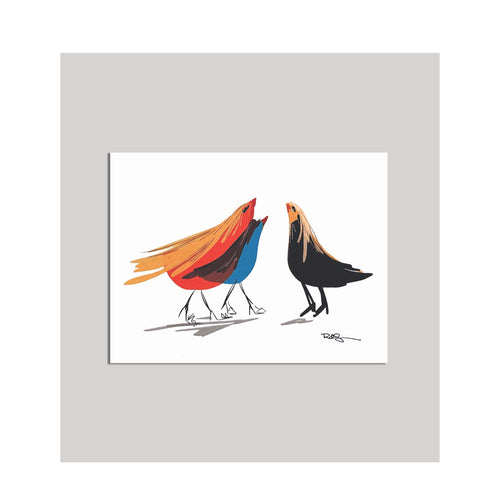 An all occasion greeting card featuring a beautiful multi-color bird trio with abstract design. A card with 