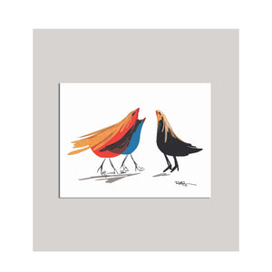 An all occasion greeting card featuring a beautiful multi-color bird trio with abstract design. A card with "chatty"birds who have the personality to make someones day! 4" x 5.5" - note card. Orange Blue Yellow Black Love Birds Whimsical Celebration Card Greeting Card Special Occasion Card Artistic Card Happy Card Digital Design Graphic Design Card. 