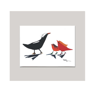 An all occasion greeting card featuring a beautiful multi-color bird trio with abstract design. A perfect card to say "thank you" for advise or just because you care! 4" x 5.5" - note card. Red Orange Black Love Birds Whimsical Celebration Card Greeting Card Special Occasion Card Artistic Card Happy Card Digital Design Graphic Design Card. 