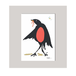 An all occasion greeting card featuring a beautiful multi-color bird trio with abstract design. A silly "Robin" bird to make someone smile! 4" x 5.5" - note card. Black Red Multi-Color Love Birds Whimsical Celebration Card Greeting Card Special Occasion Card Cute Card Artistic Card Happy Card Digital Design Graphic Design Card. 