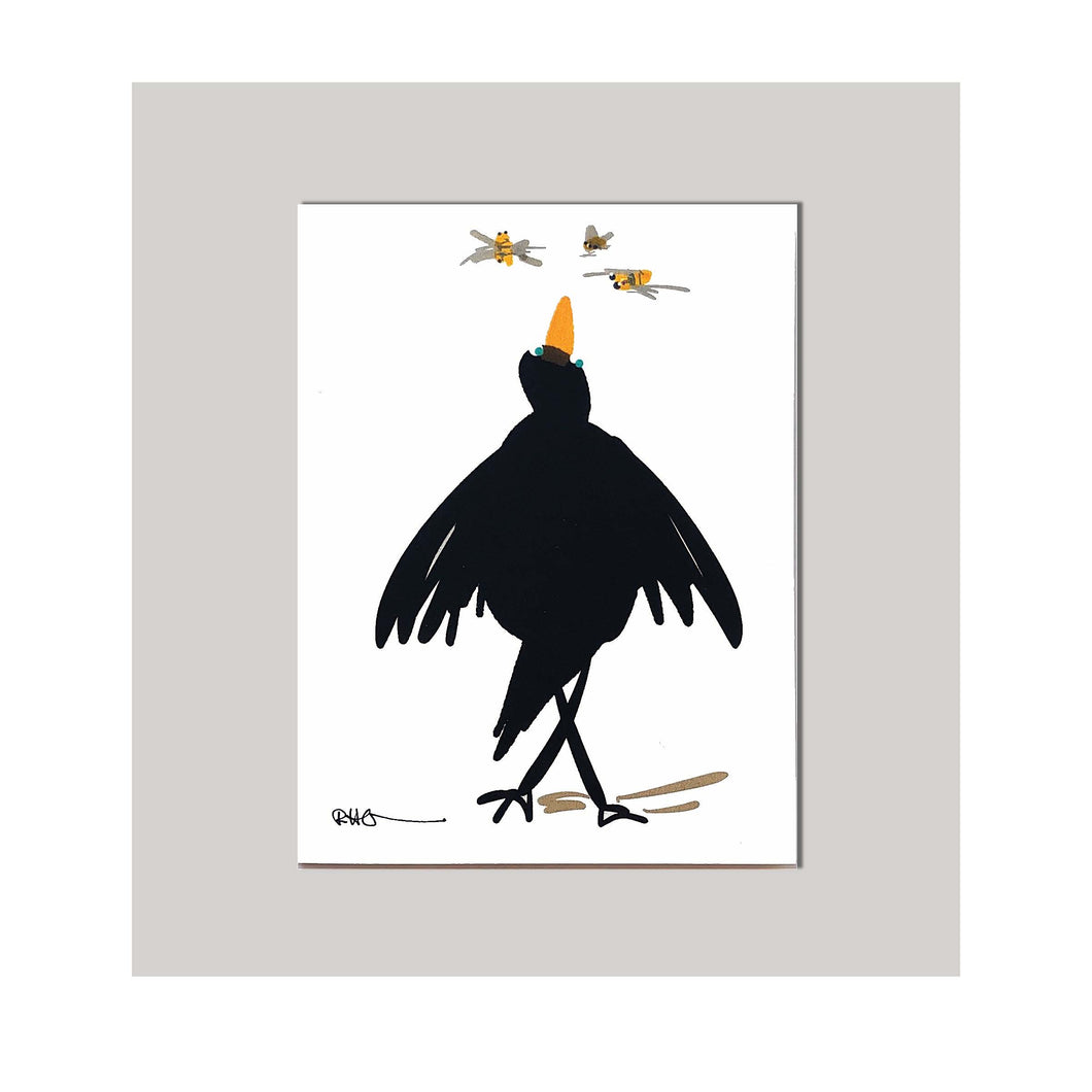 An all occasion greeting card featuring a beautiful bird and bug duo abstract design. A curious 
