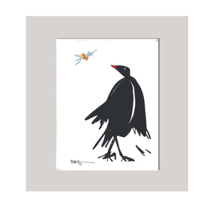 An all occasion greeting card featuring a beautiful bird and bug duo with abstract design. A curious "black-bird" to make someone smile! 4" x 5.5" - note card. Black Red Green Multi-Color Love Birds Insects Whimsical Celebration Card Greeting Card Special Occasion Card Cute Card Artistic Card Happy Card Digital Design Graphic Design Card. 