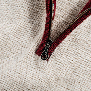 1/4-Zip 3-Ply Sweater - Oatmeal / Dark Red