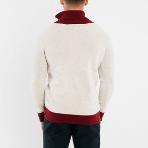 1/4-Zip 3-Ply Sweater - Oatmeal / Dark Red
